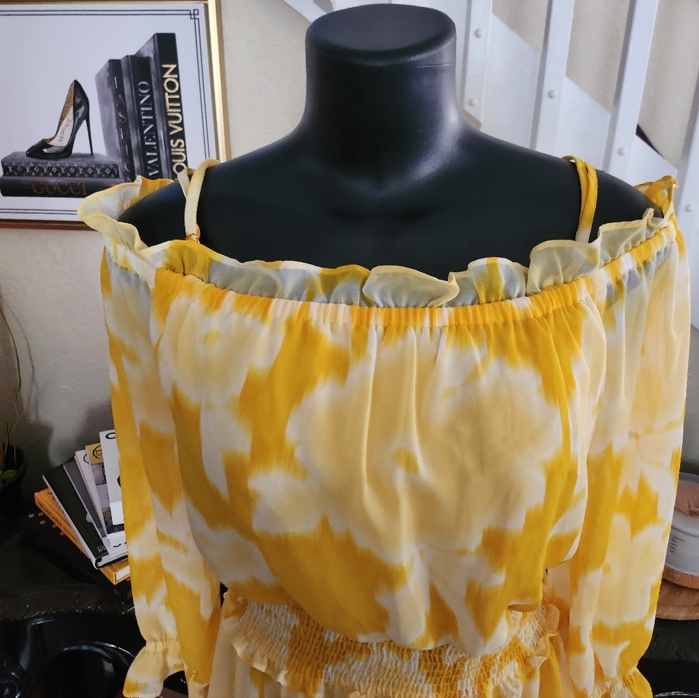 Karl Lagerfeld off-the-shoulder tie-dye floral chiffon dress size 2 - Picture 3 of 6